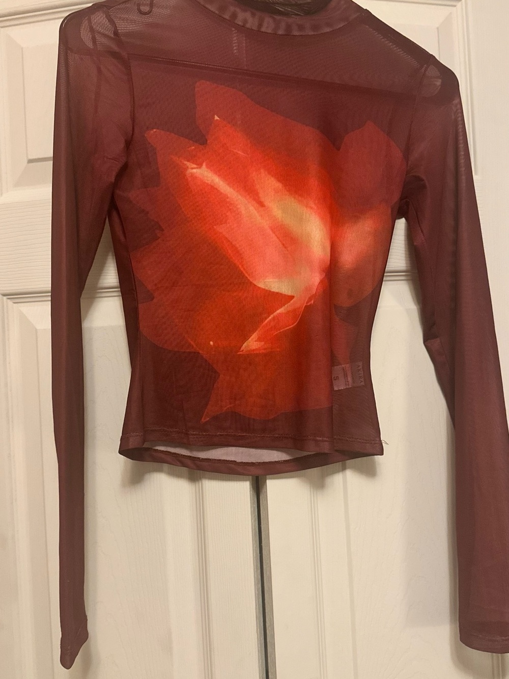 AKIRA Burgundy Sheer Mesh Floral Long Sleeve Top NWT Small